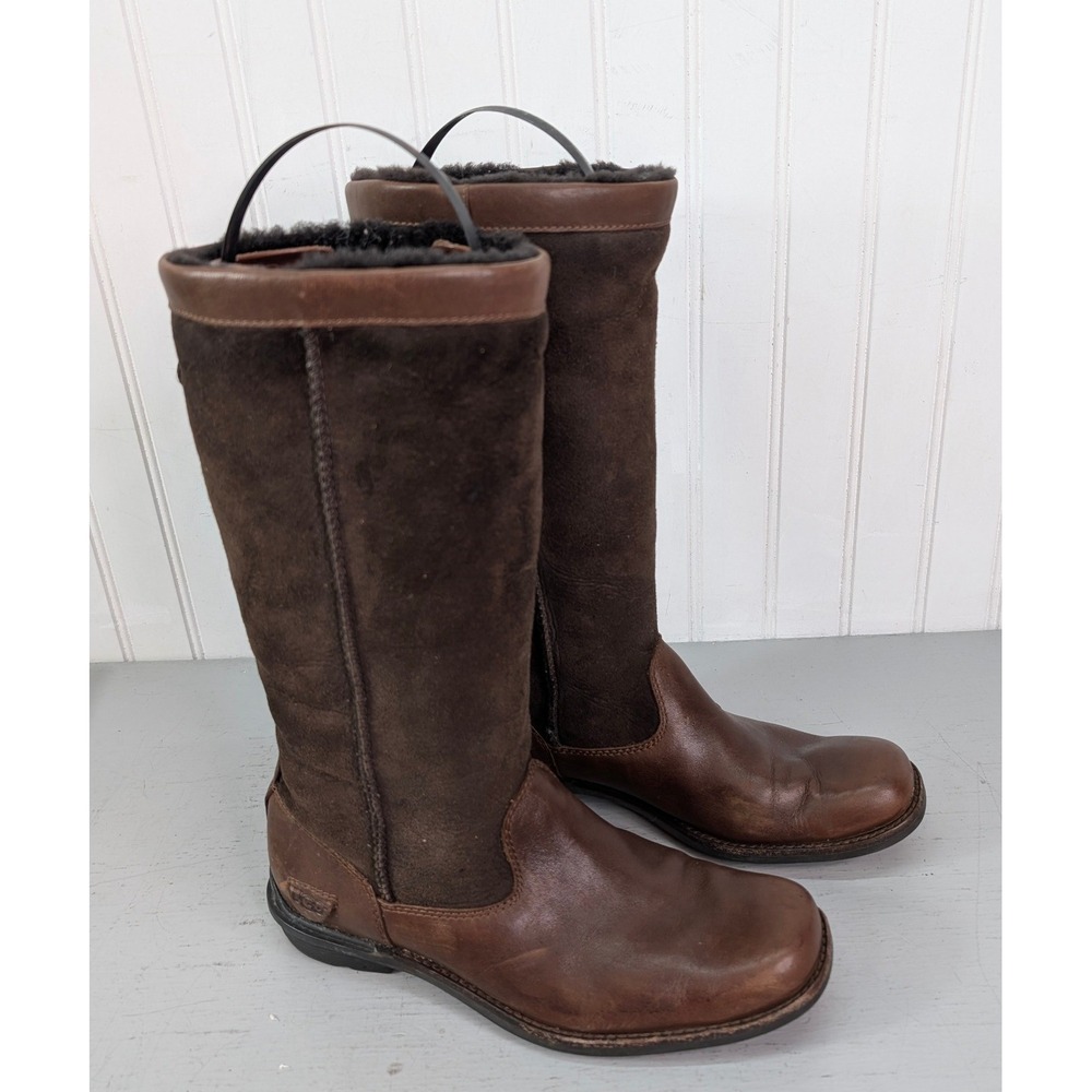 UGG Australia Tall Boots Sheepskin Womens 5594 Dark Brown Leather Suede Size 7.5